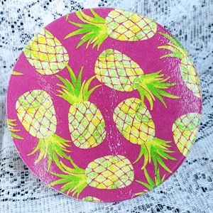 Hand Crafted Fabric Decoupage Glass Trivet/Cutting Board 8" Round/Pineapples